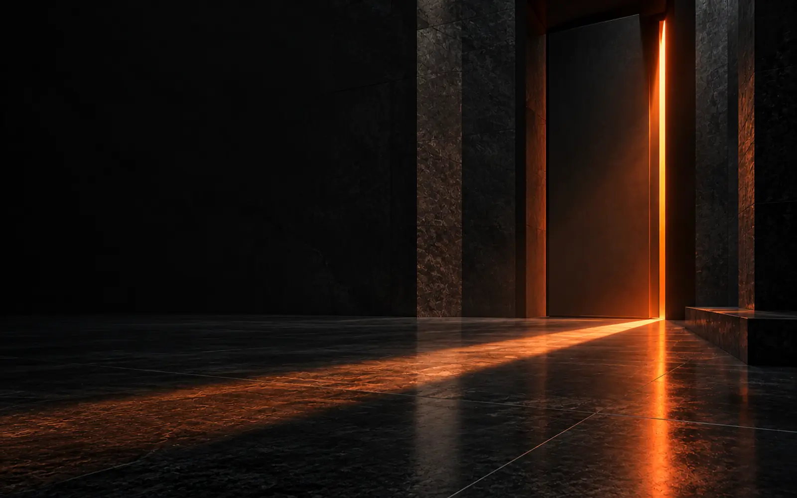 A dark doorway with ember light leaking through the gap
