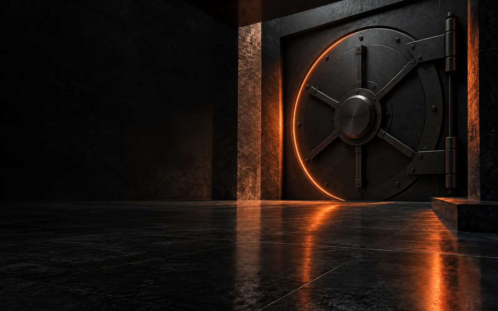 A sealed black steel vault door with an ember-lit seal